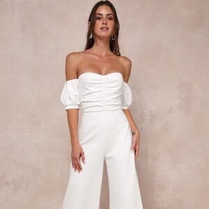 Lulu’s Impress Release White Off The Shoulder Puff Sleeve Jumpsuit